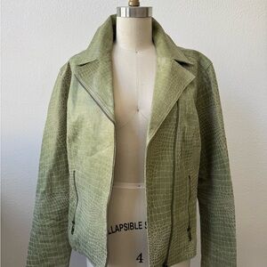 Olive Green Croc-Embossed Leather Jacket